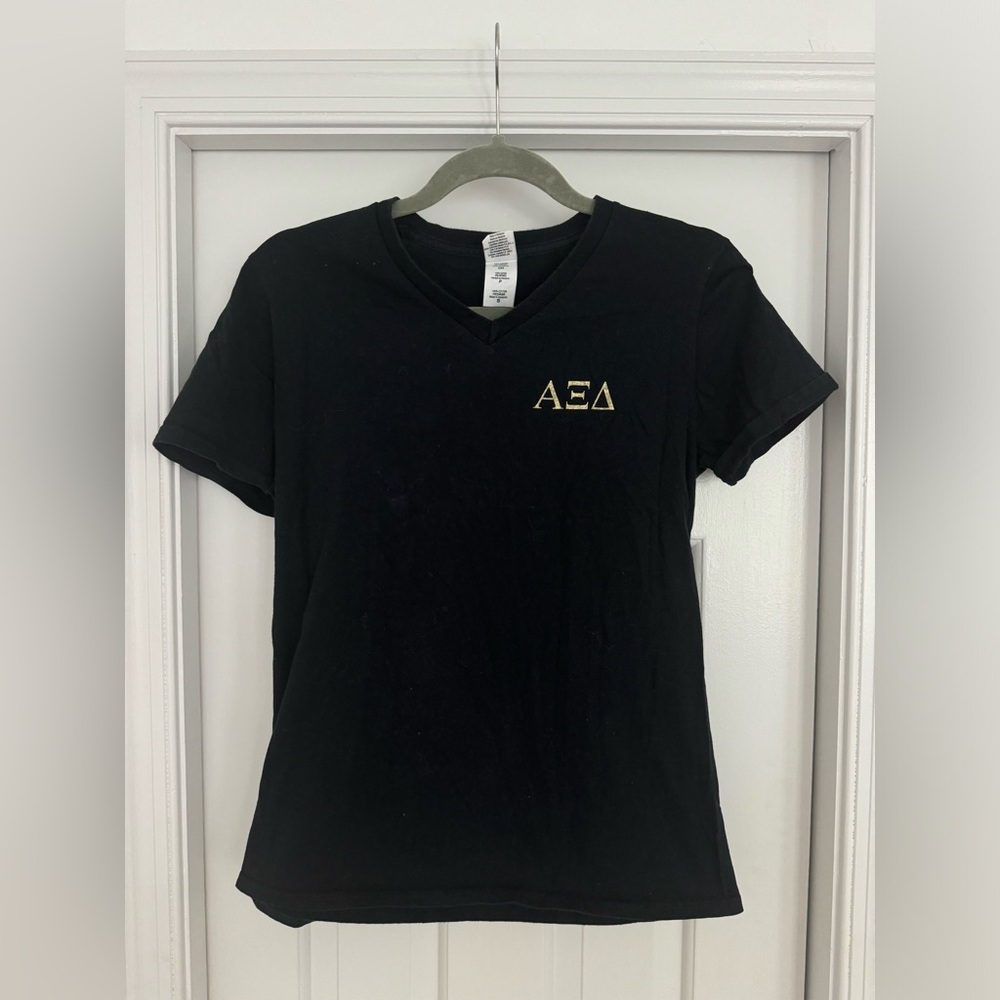 Alpha Xi Delta Black and Gold V-Neck Tee